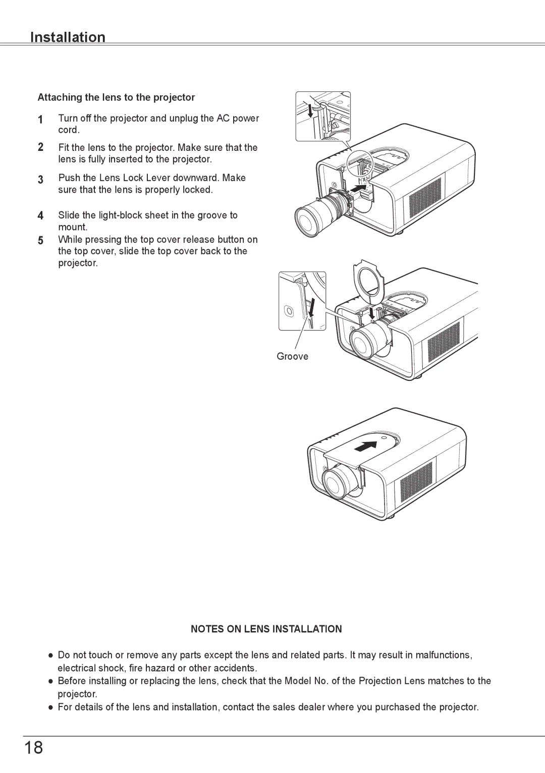 Sanyo PLC-HP7000L owner manual Installation, Attaching the lens to the projector 