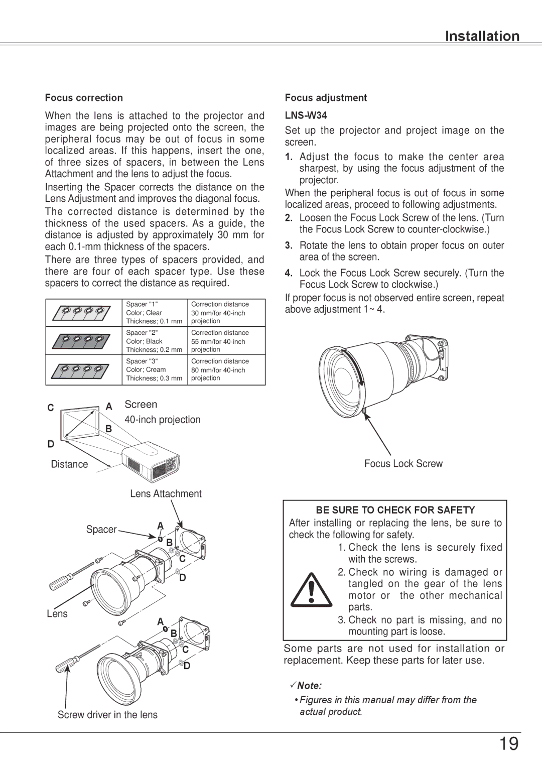 Sanyo PLC-HP7000L owner manual Focus correction, Focus adjustment, LNS-W34, Spacer, Be Sure to Check for Safety 