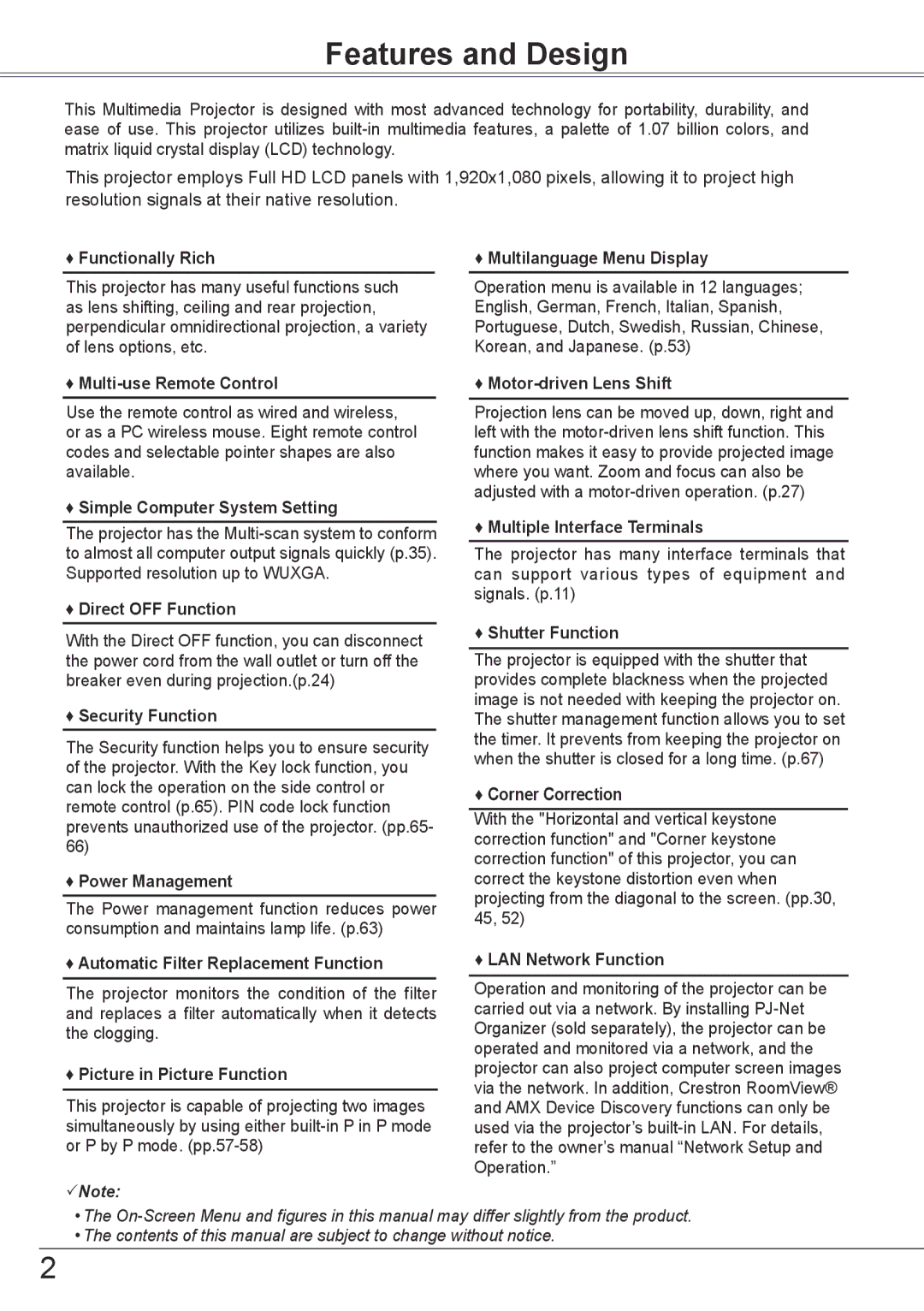 Sanyo PLC-HP7000L owner manual Features and Design 