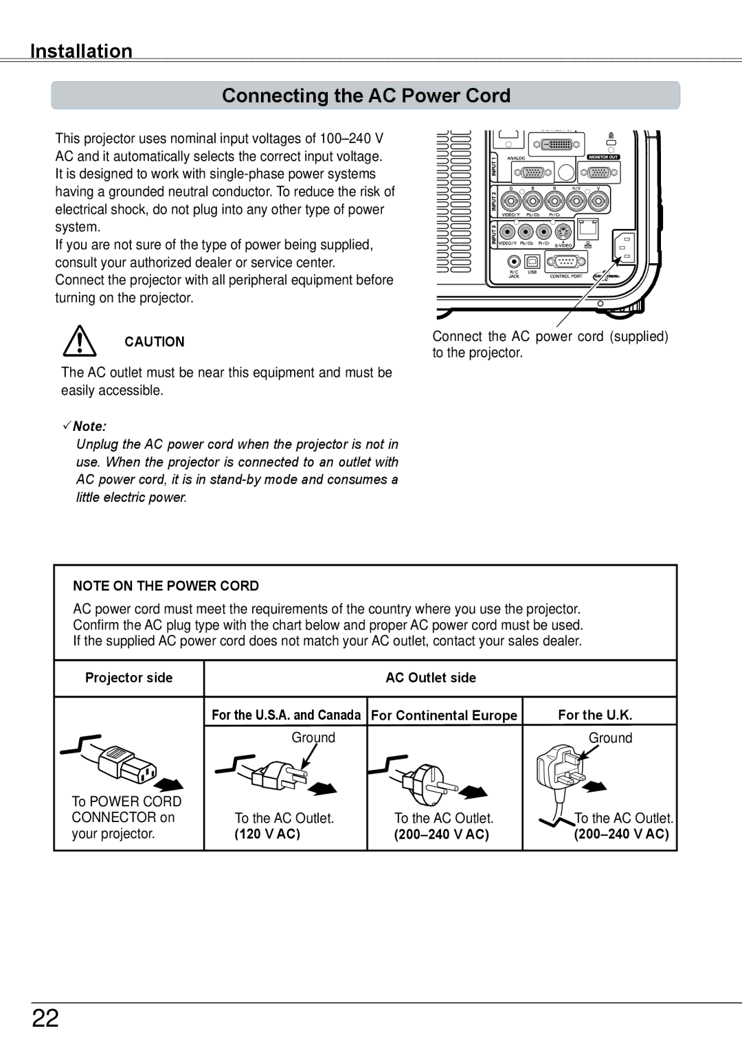 Sanyo PLC-HP7000L Installation Connecting the AC Power Cord, Projector side AC Outlet side, For Continental Europe 