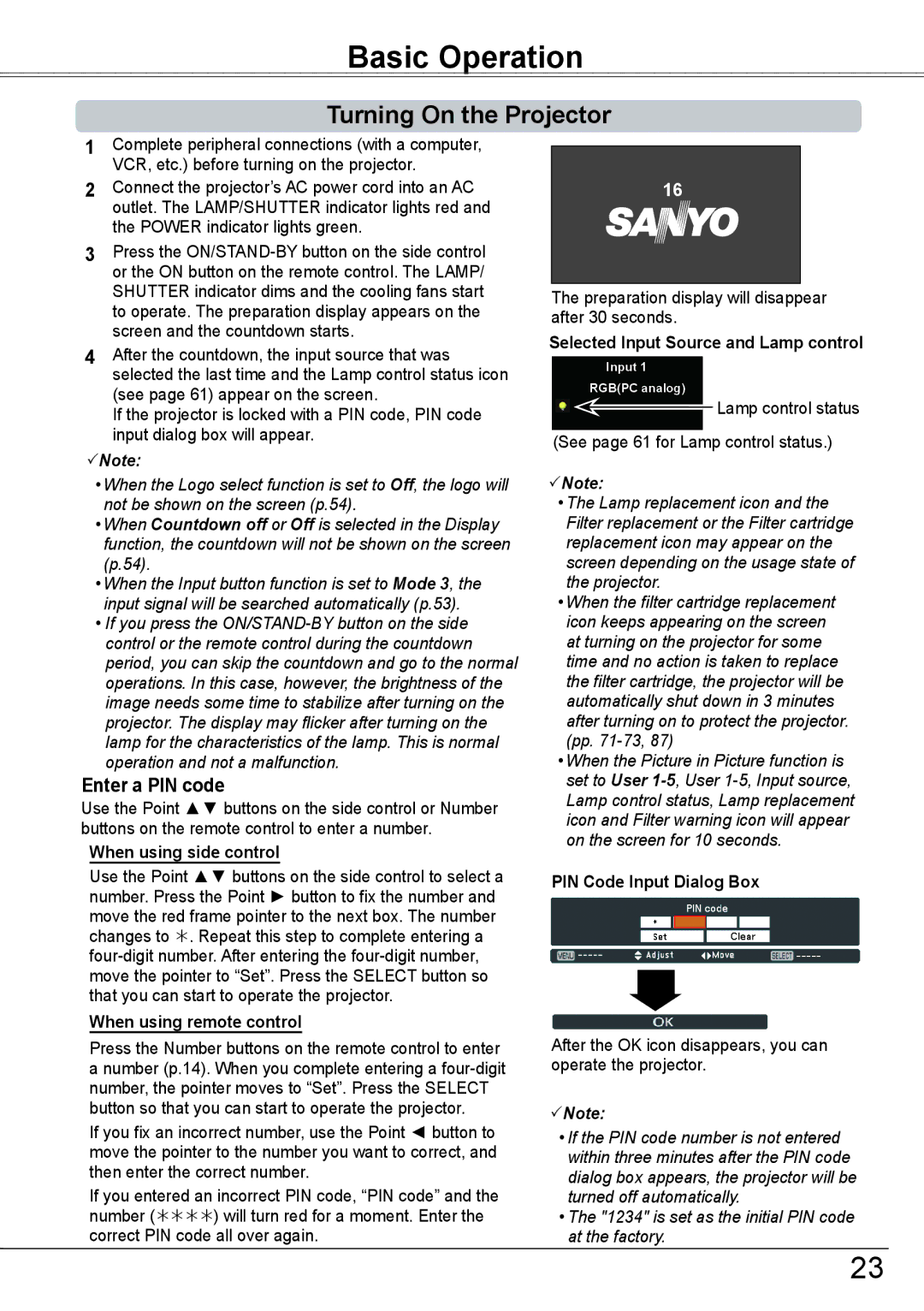 Sanyo PLC-HP7000L owner manual Basic Operation, Turning On the Projector, Enter a PIN code 