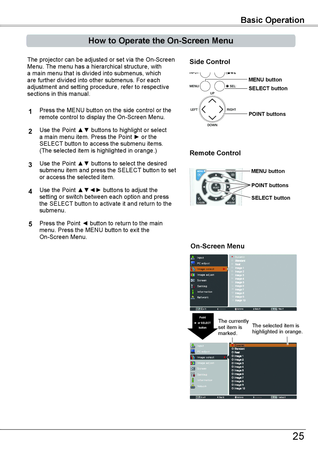 Sanyo PLC-HP7000L owner manual Basic Operation How to Operate the On-Screen Menu, Side Control, Remote Control 