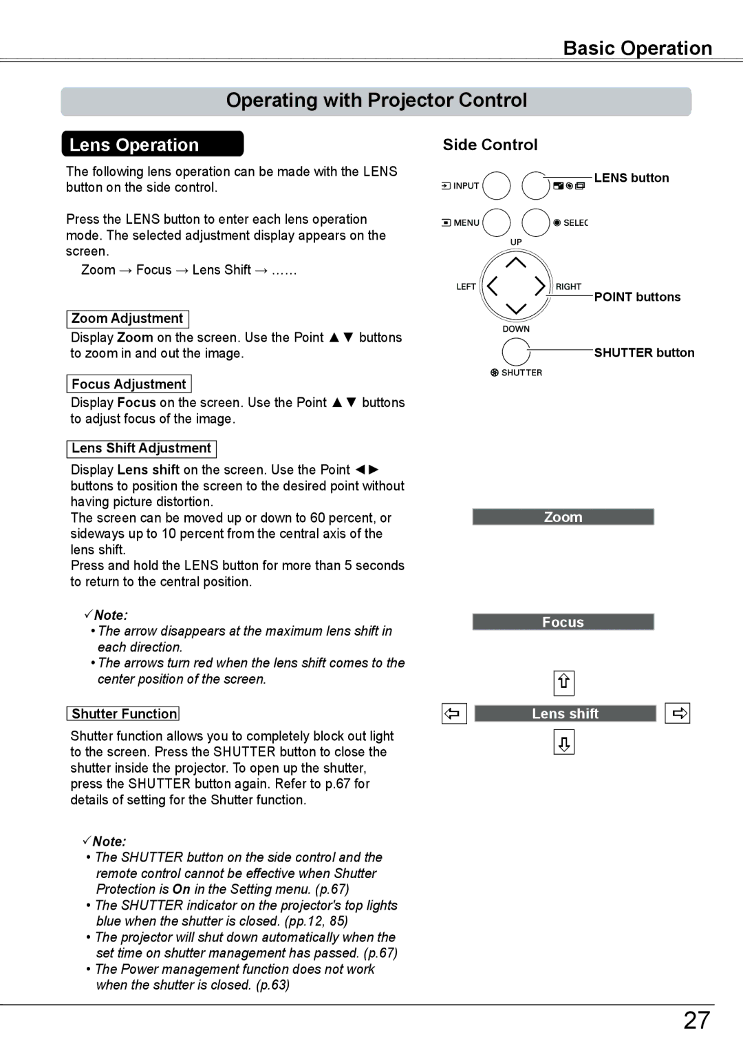 Sanyo PLC-HP7000L Basic Operation Operating with Projector Control, Lens Operation, Zoom Adjustment, Lens Shift Adjustment 