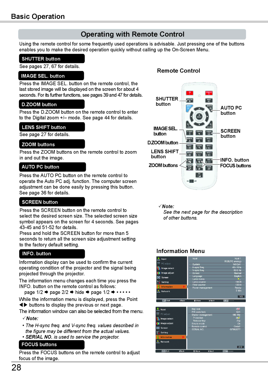 Sanyo PLC-HP7000L owner manual Basic Operation Operating with Remote Control, Information Menu 