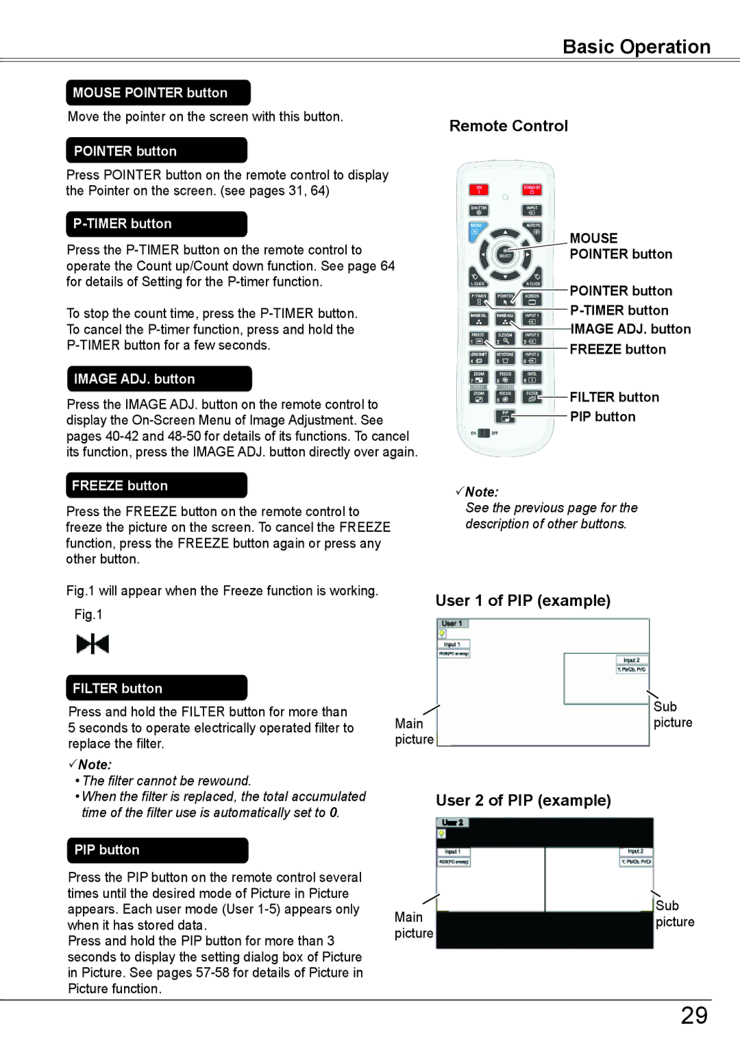 Sanyo PLC-HP7000L owner manual User 1 of PIP example, User 2 of PIP example, Mouse, Pointer button Timer button 