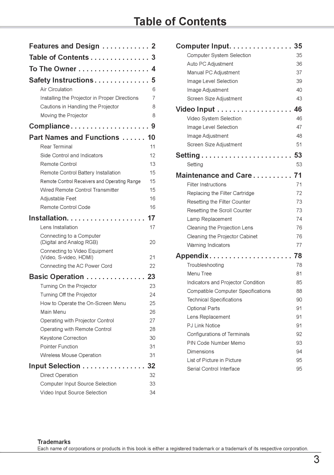 Sanyo PLC-HP7000L owner manual Table of Contents 