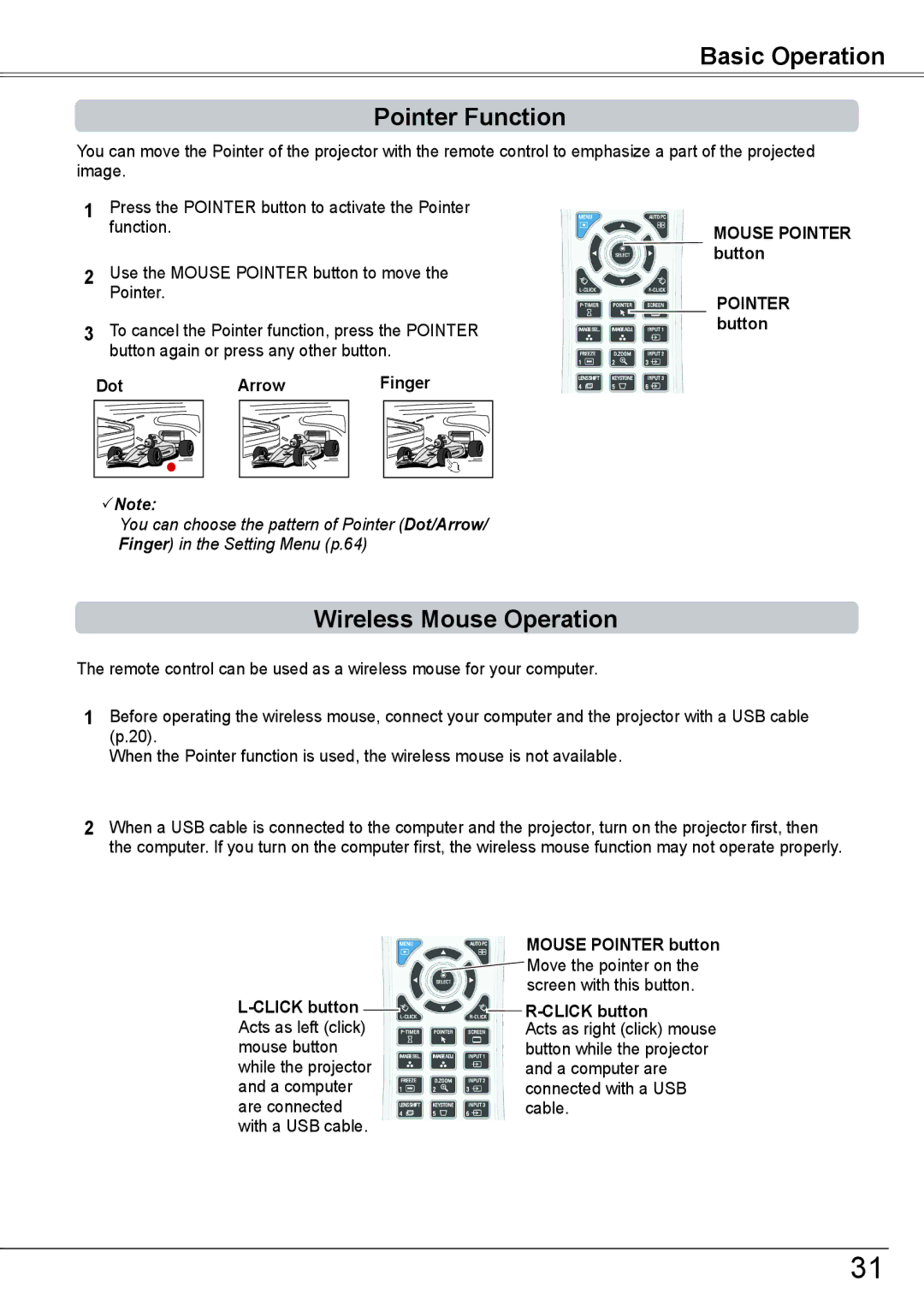 Sanyo PLC-HP7000L Basic Operation Pointer Function, Wireless Mouse Operation, Mouse Pointer button, Arrow Finger 