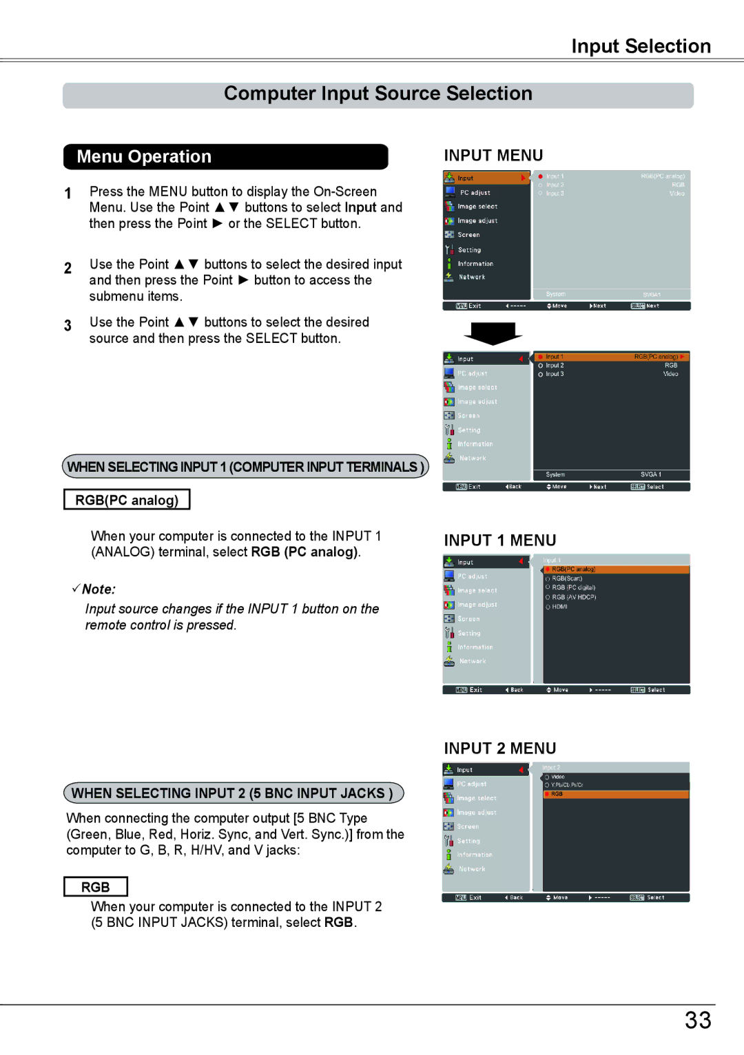 Sanyo PLC-HP7000L owner manual Input Selection Computer Input Source Selection, Menu Operation, Rgbpc analog 