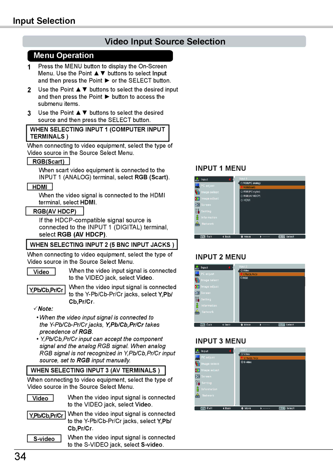 Sanyo PLC-HP7000L Input Selection Video Input Source Selection, When Selecting Input 1 Computer Input Terminals 