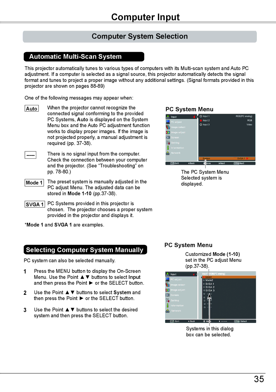 Sanyo PLC-HP7000L owner manual Computer Input, Computer System Selection, Automatic Multi-Scan System, PC System Menu 