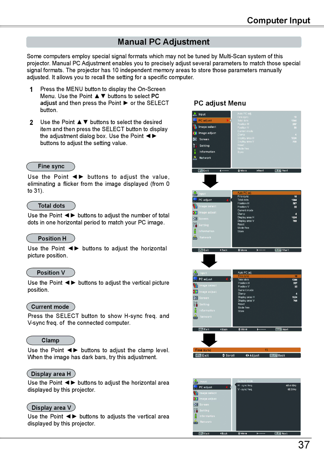 Sanyo PLC-HP7000L Computer Input Manual PC Adjustment, Adjust and then press the Point or the Select, Position H 