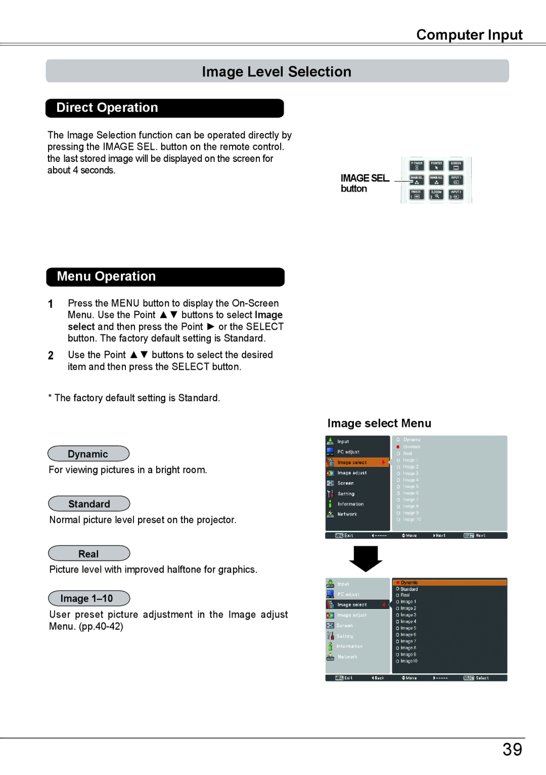 Sanyo PLC-HP7000L owner manual Computer Input Image Level Selection, Image select Menu 