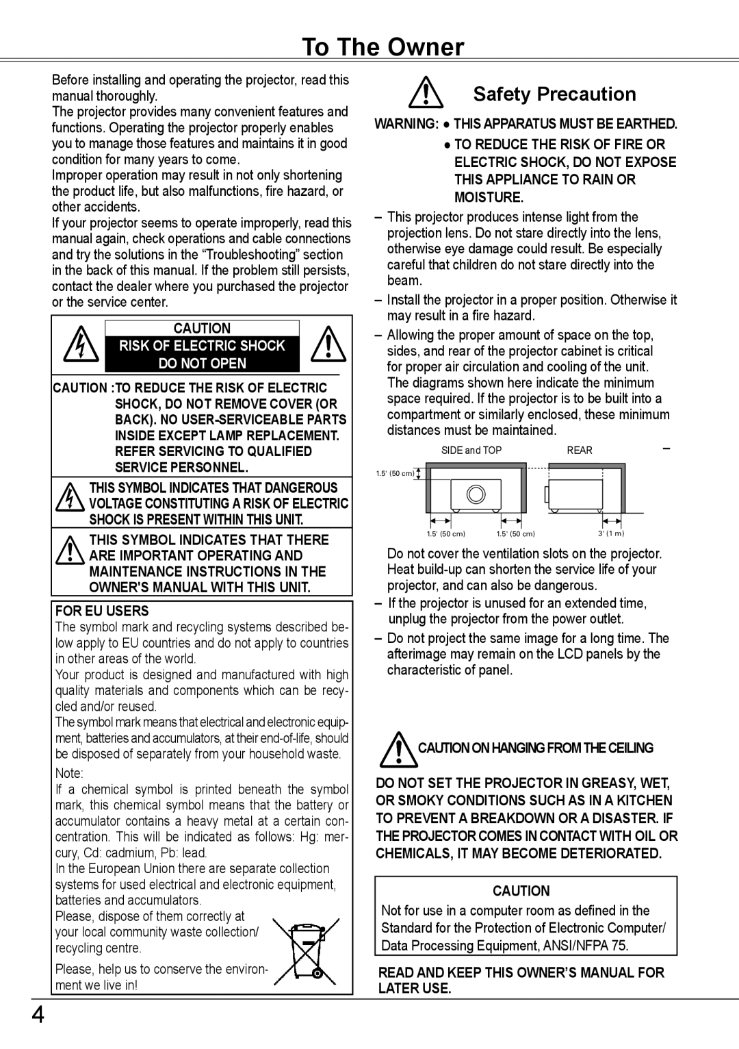 Sanyo PLC-HP7000L To The Owner, Safety Precaution, For EU Users, Please, help us to conserve the environ- ment we live 