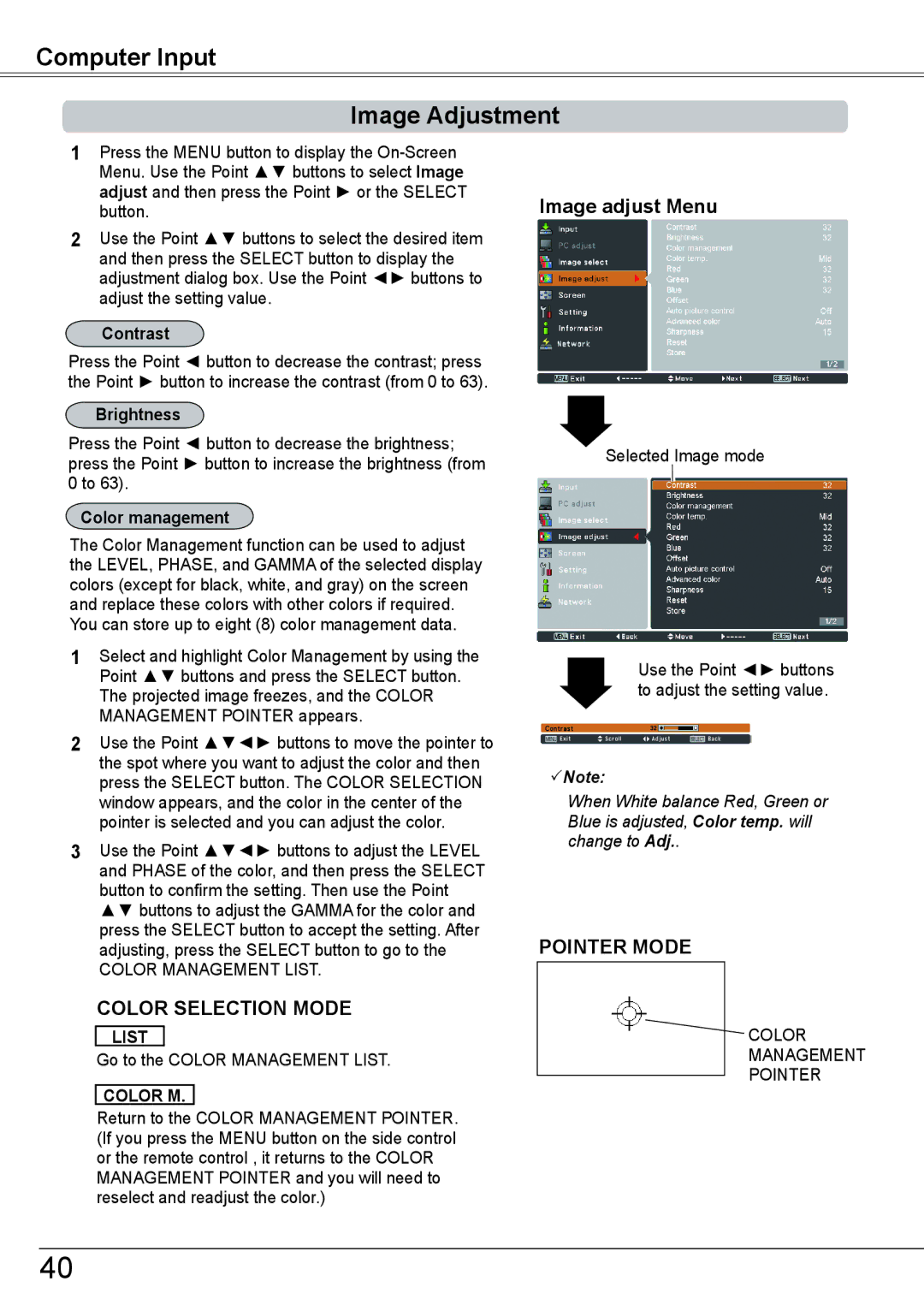 Sanyo PLC-HP7000L owner manual Computer Input Image Adjustment, Image adjust Menu, List, Color M 