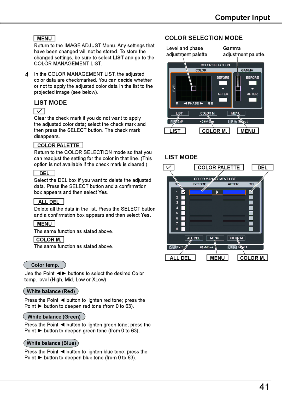 Sanyo PLC-HP7000L owner manual All Del, List Olor M, Color Palette DEL ALL DEL Menu 