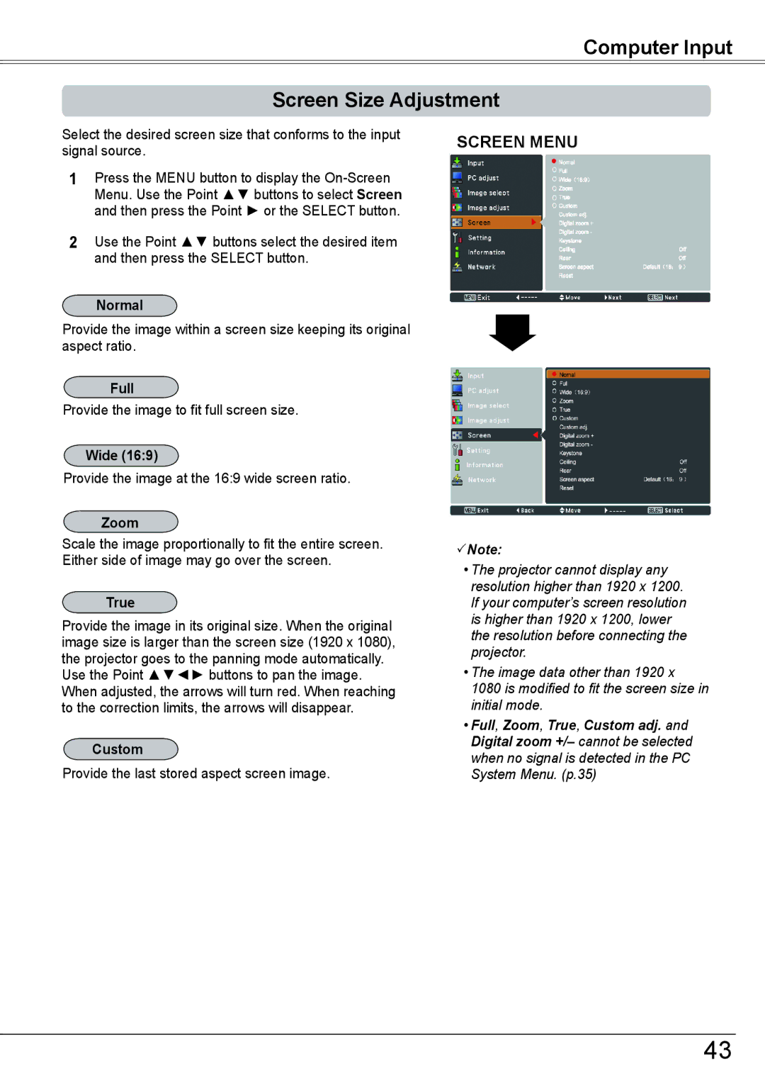 Sanyo PLC-HP7000L owner manual Computer Input Screen Size Adjustment 