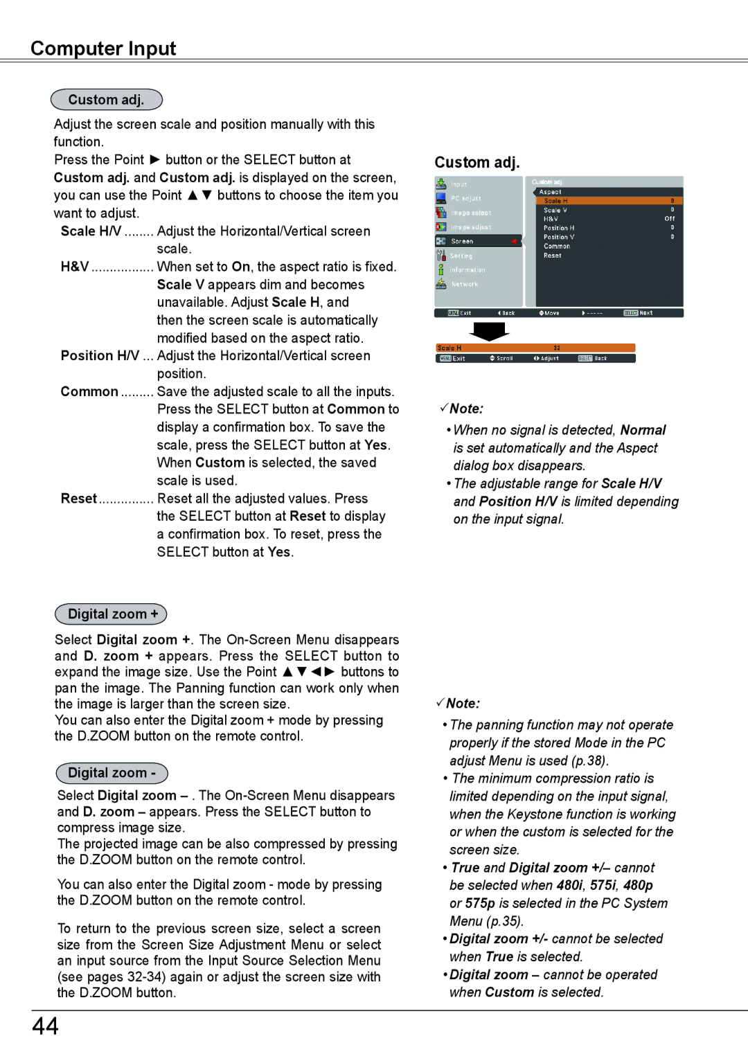 Sanyo PLC-HP7000L owner manual Custom adj, Reset............... Reset all the adjusted values. Press, Digital zoom + 