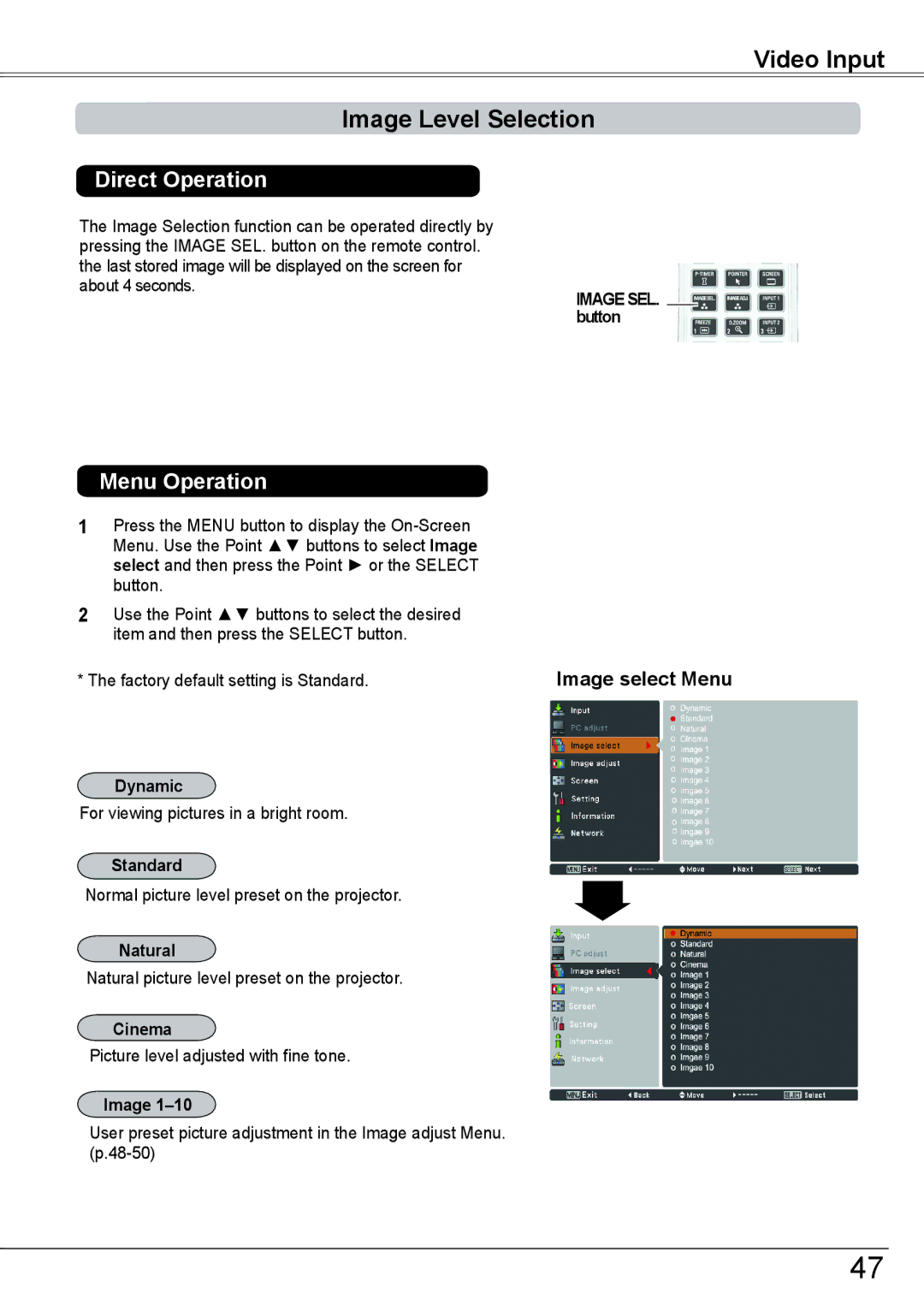 Sanyo PLC-HP7000L owner manual Video Input Image Level Selection, Natural picture level preset on the projector, Cinema 