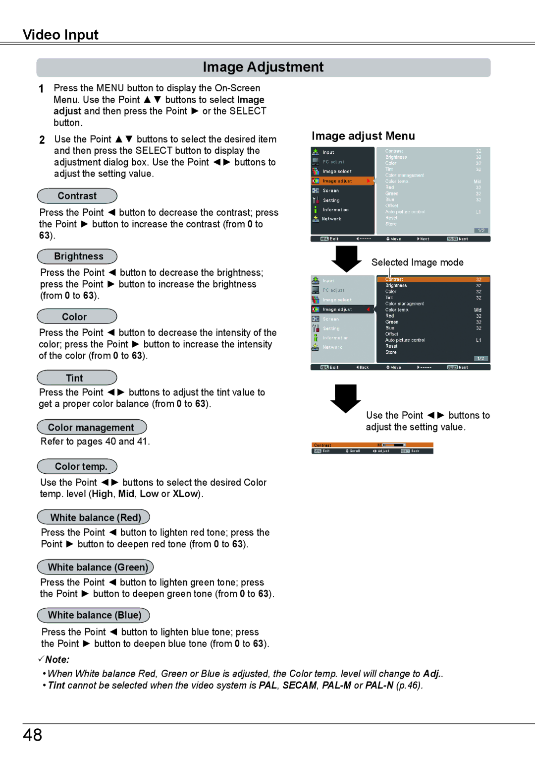 Sanyo PLC-HP7000L owner manual Video Input Image Adjustment, Color, Tint, Refer to pages 40 