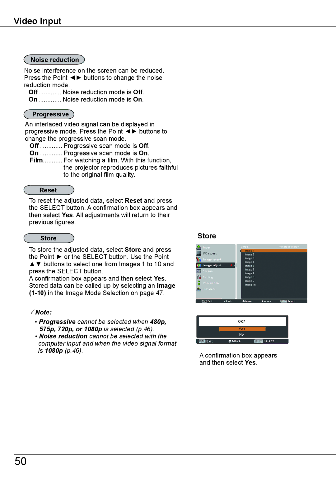 Sanyo PLC-HP7000L owner manual Off, Noise reduction mode is On, Progressive 