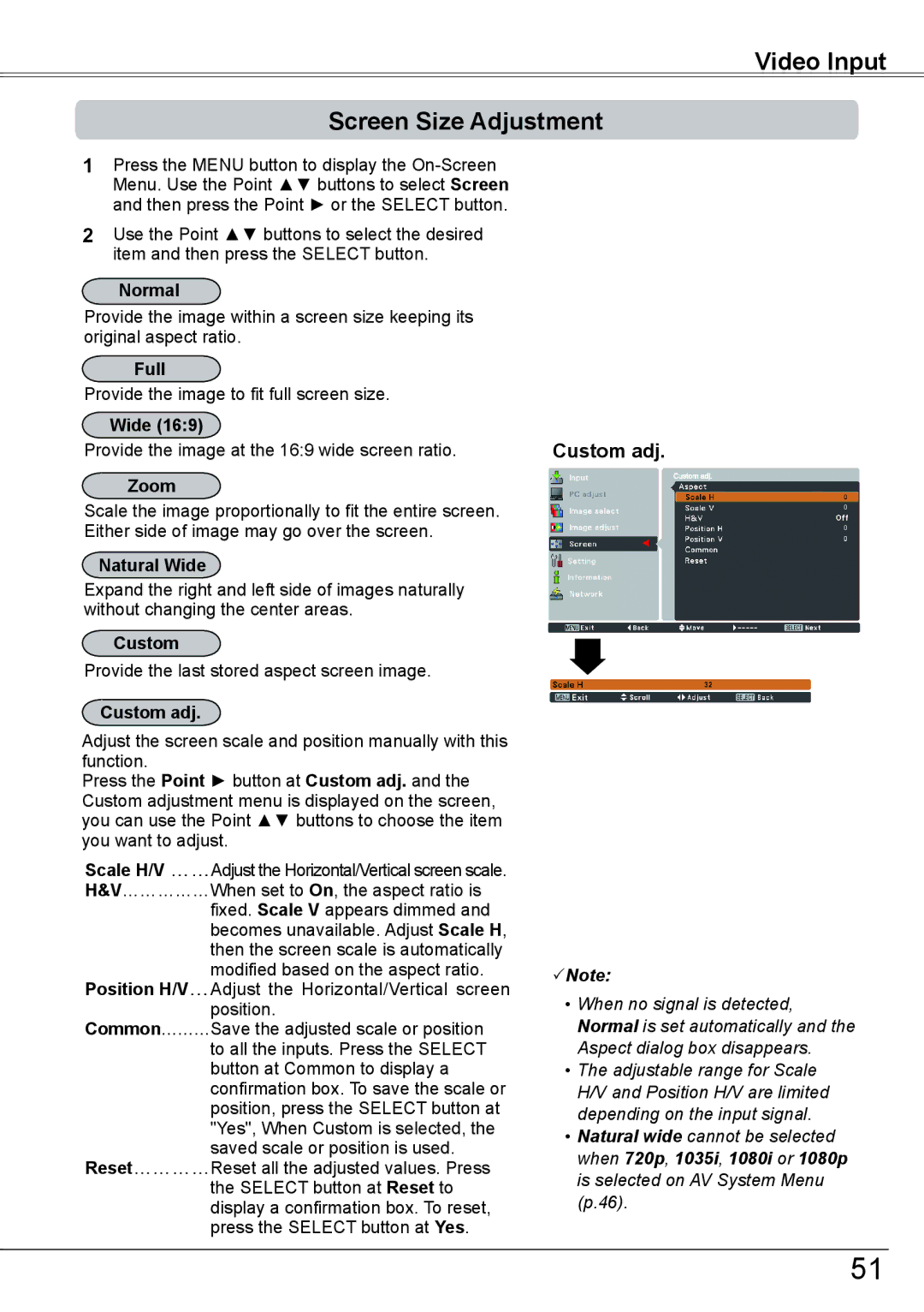 Sanyo PLC-HP7000L owner manual Video Input Screen Size Adjustment, Natural Wide, ……………When set to On, the aspect ratio is 