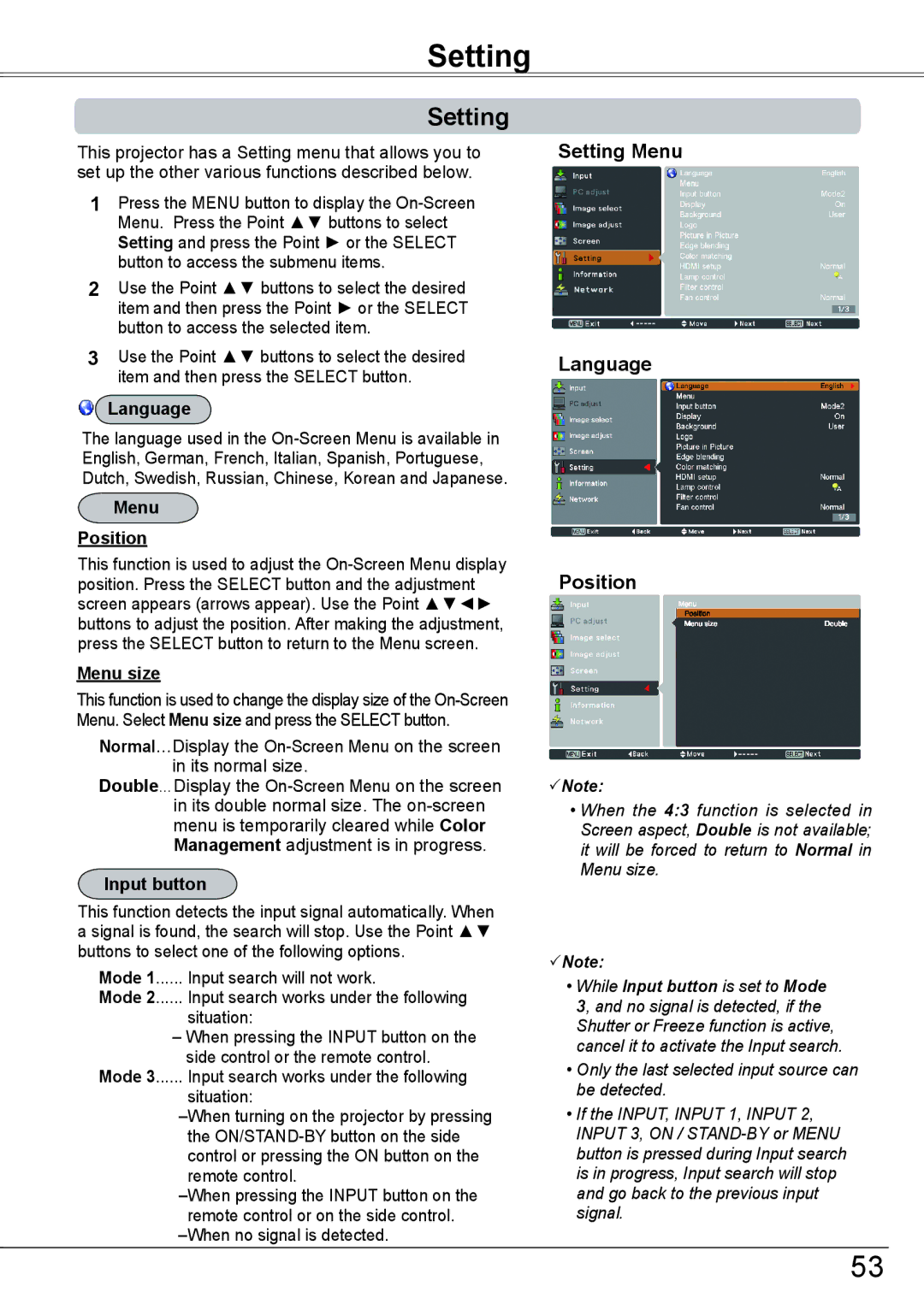 Sanyo PLC-HP7000L owner manual Setting Menu Language Position 