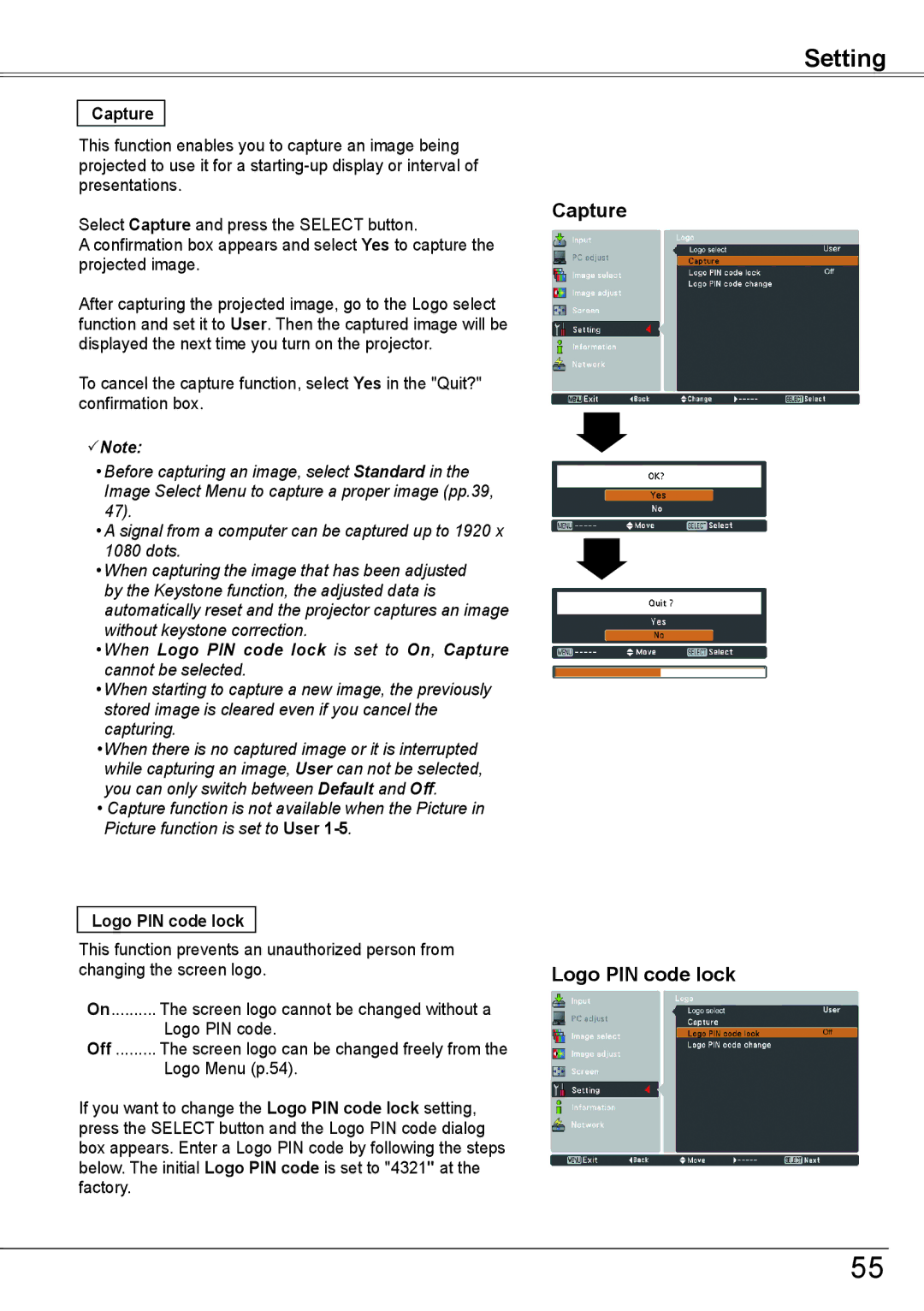 Sanyo PLC-HP7000L owner manual Capture Logo PIN code lock 