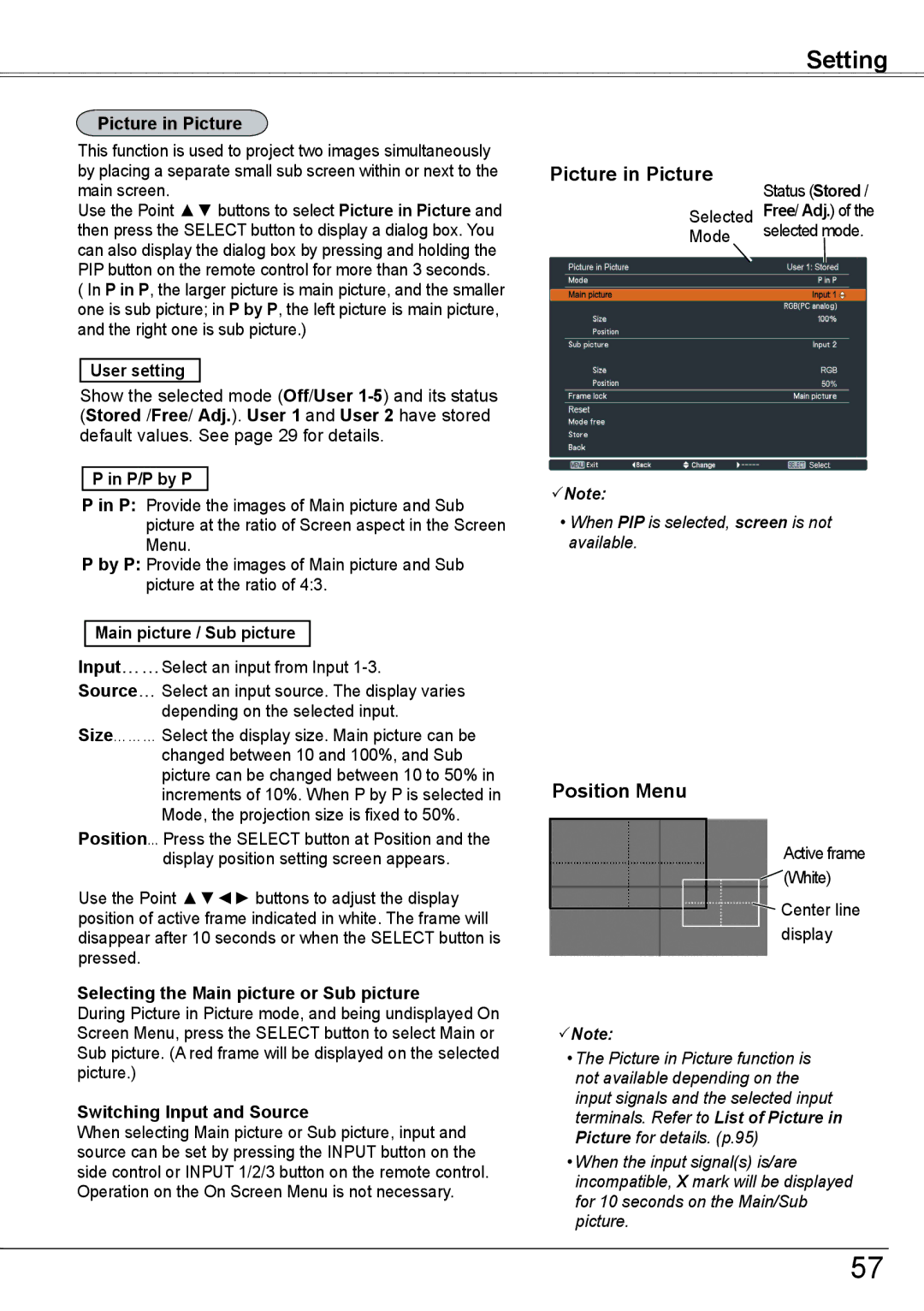 Sanyo PLC-HP7000L owner manual Picture in Picture, Position Menu 