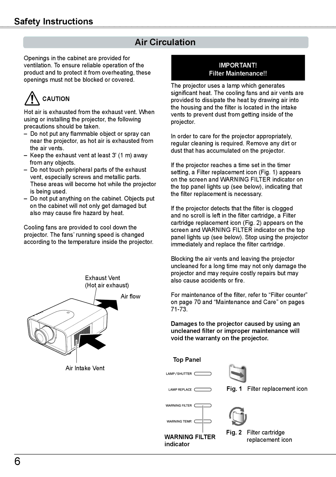 Sanyo PLC-HP7000L owner manual Safety Instructions Air Circulation, Air flow Air Intake Vent, Top Panel 