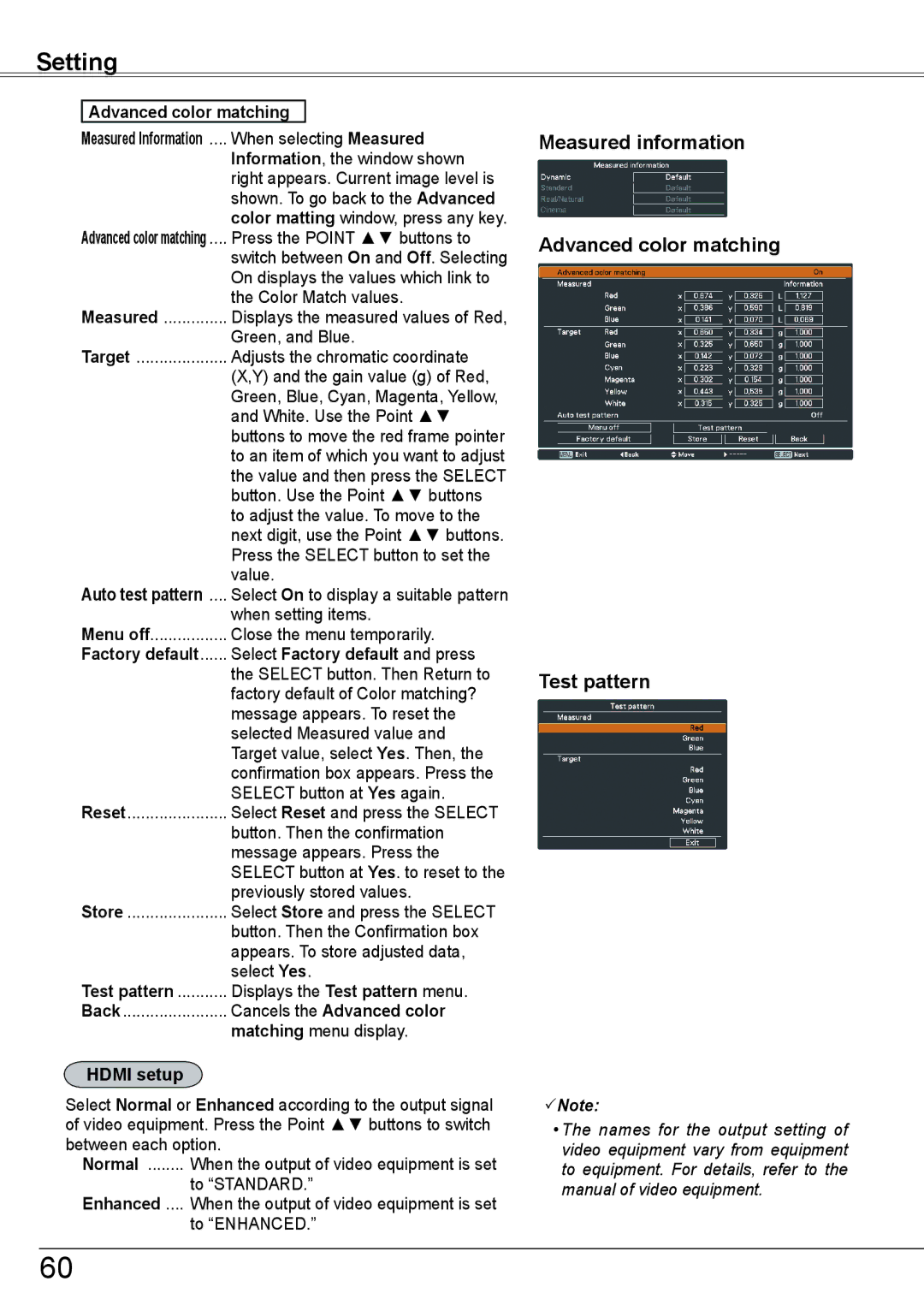 Sanyo PLC-HP7000L Measured information Advanced color matching Test pattern, Cancels the Advanced color, Hdmi setup 