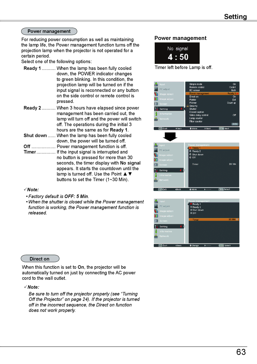 Sanyo PLC-HP7000L owner manual Power management, Shut down ...... When the lamp has been fully cooled, Direct on 