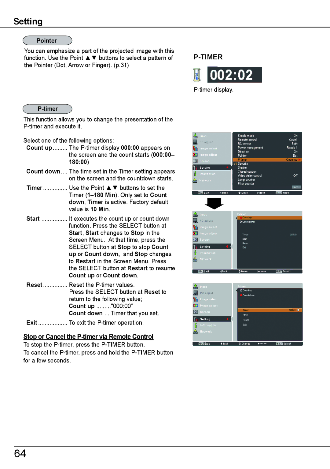 Sanyo PLC-HP7000L owner manual Pointer, Timer, 18000, Count up or Count down, Stop or Cancel the P-timer via Remote Control 