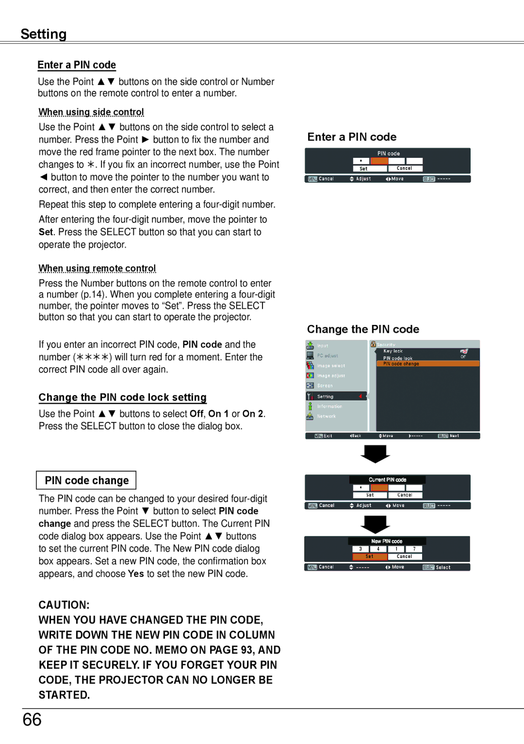 Sanyo PLC-HP7000L owner manual PIN code change, Enter a PIN code, Change the PIN code lock setting 