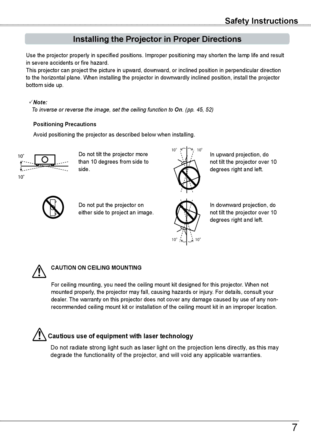 Sanyo PLC-HP7000L owner manual Cautious use of equipment with laser technology, Positioning Precautions 