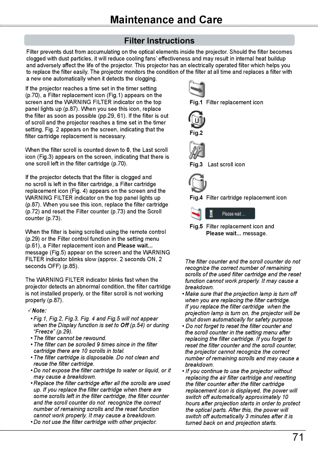 Sanyo PLC-HP7000L Maintenance and Care, Filter Instructions, Reset the Filter counter p.73 and the Scroll counter p.73 