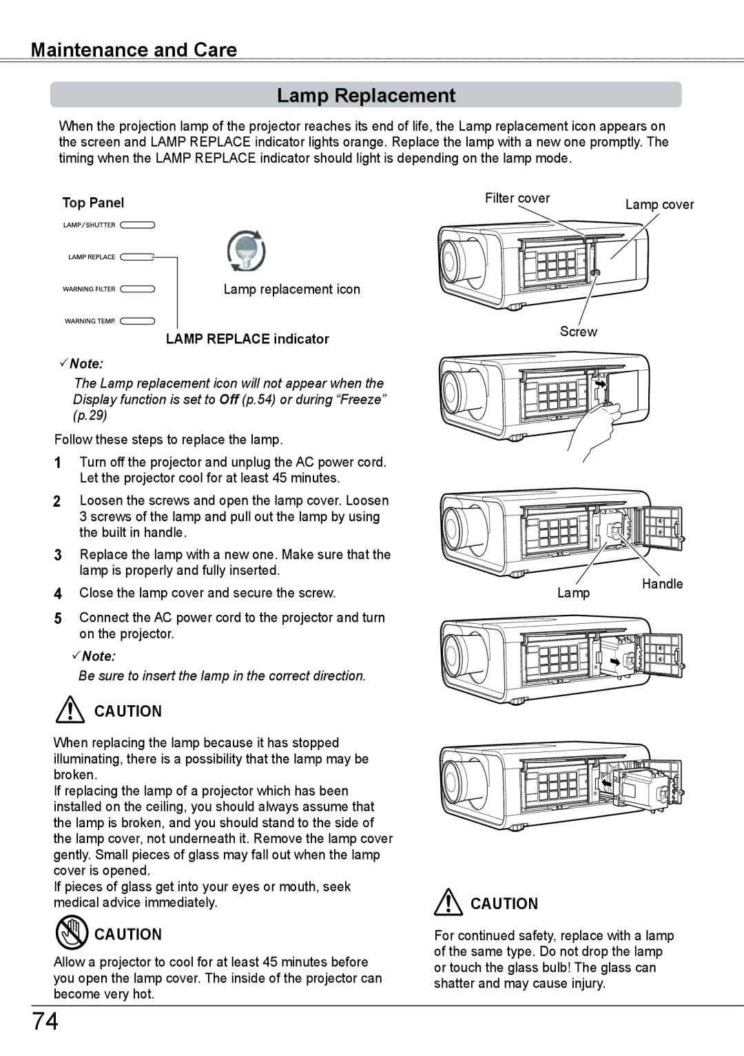 Sanyo PLC-HP7000L Maintenance and Care Lamp Replacement, Lamp replacement icon, Lamp Replace indicator, Screw Lamp Handle 