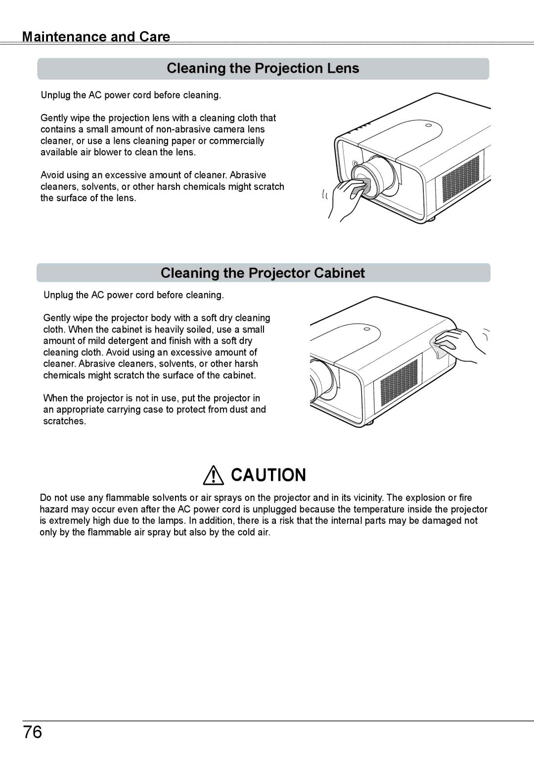 Sanyo PLC-HP7000L owner manual Maintenance and Care Cleaning the Projection Lens, Cleaning the Projector Cabinet 