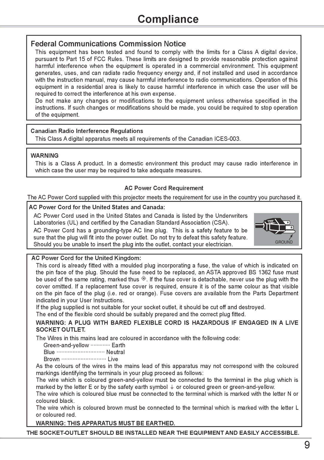 Sanyo PLC-HP7000L owner manual Compliance, Canadian Radio Interference Regulations, AC Power Cord Requirement 