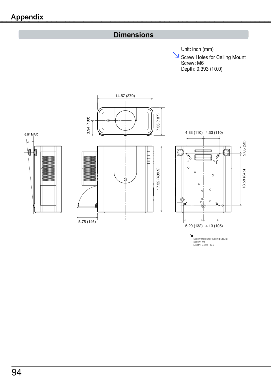 Sanyo PLC-HP7000L owner manual Appendix Dimensions 