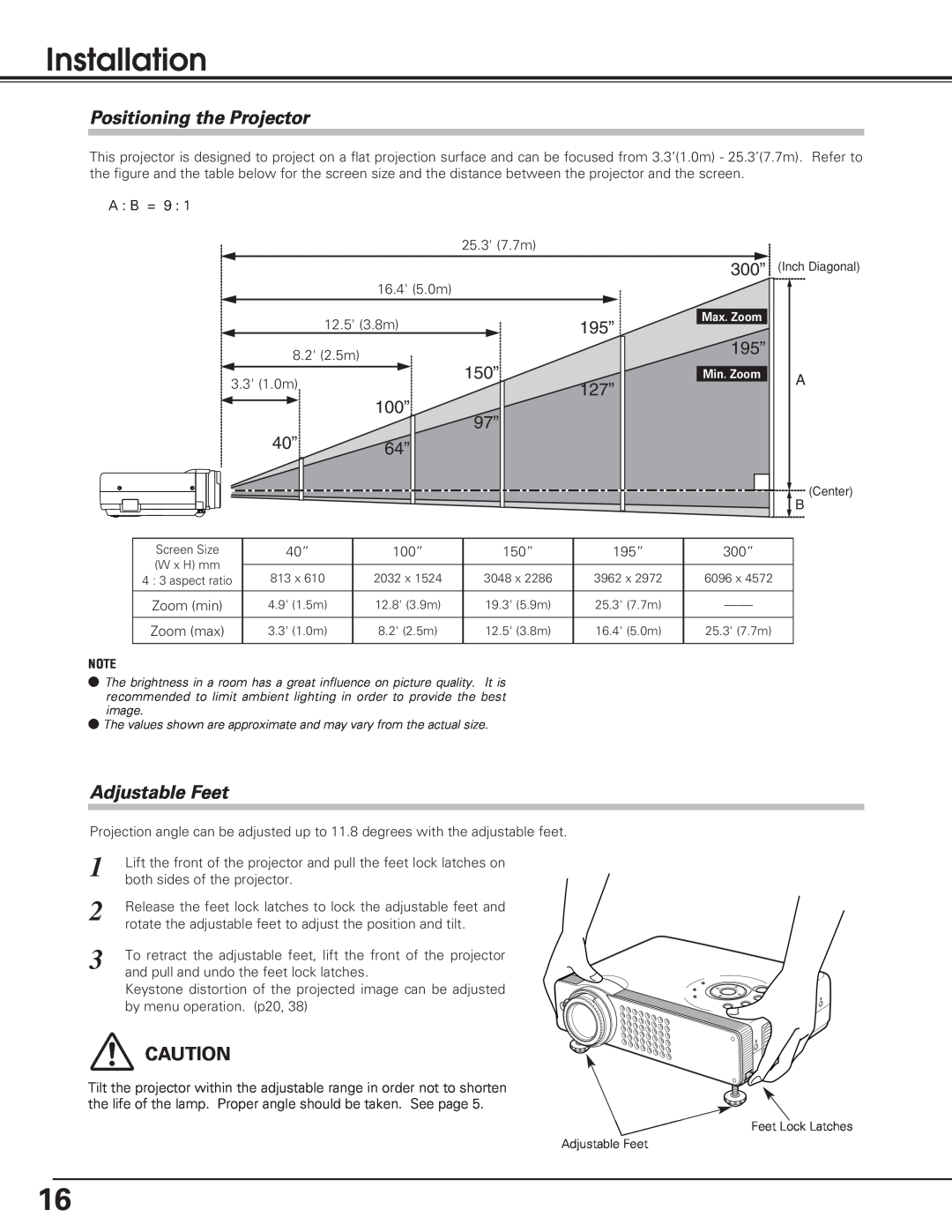 Sanyo PLC-SL20 owner manual Installation, Positioning the Projector, Adjustable Feet, 300”, 195”, 150”, 127”, 100” 