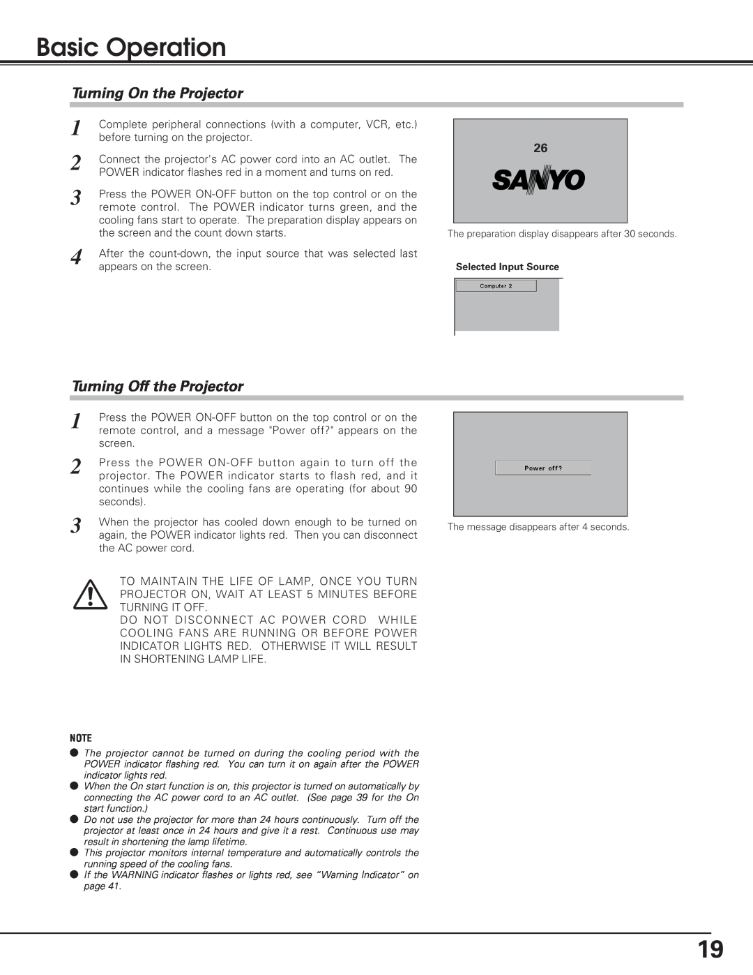 Sanyo PLC-SL20 owner manual Basic Operation, Turning On the Projector, Turning Off the Projector 