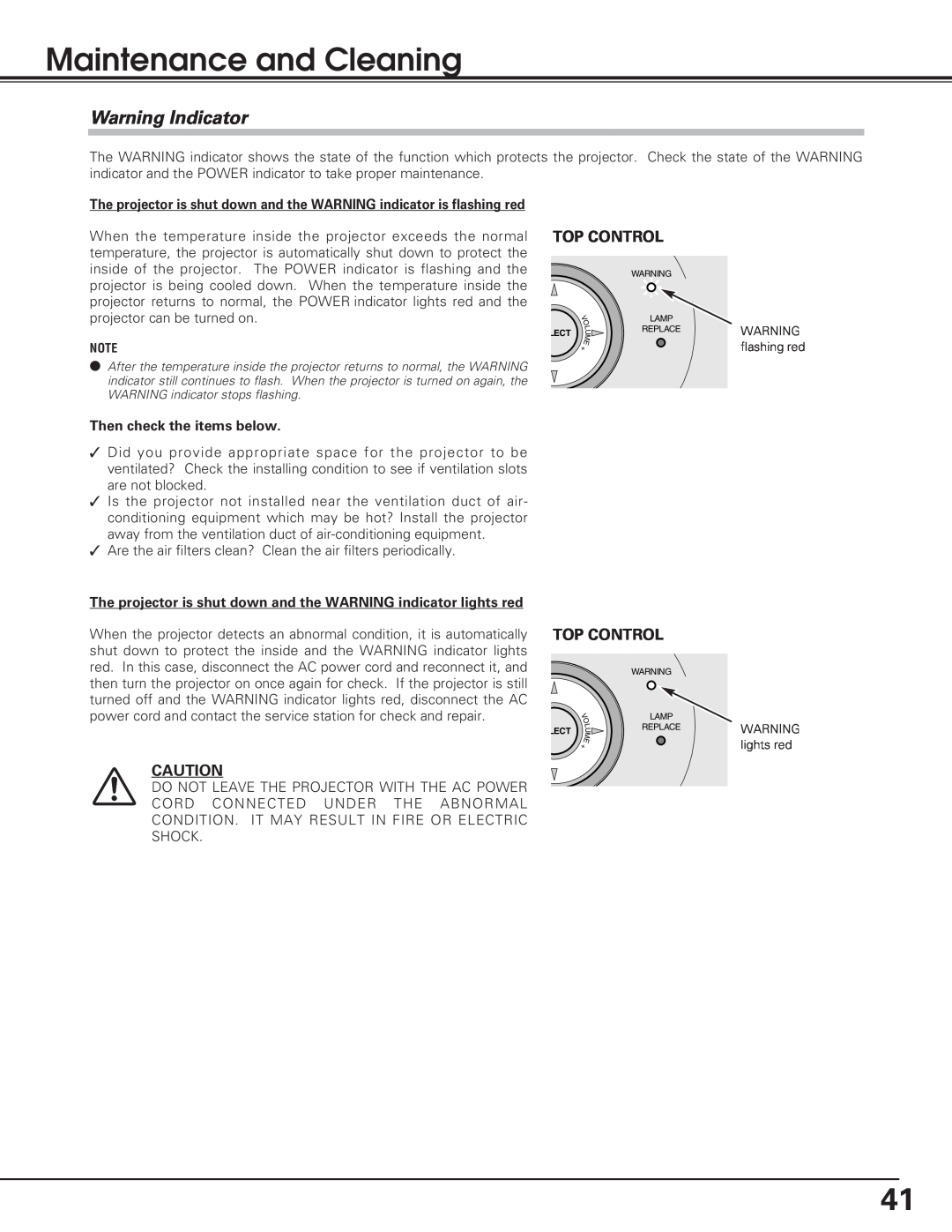 Sanyo PLC-SL20 owner manual Maintenance and Cleaning, Warning Indicator, Then check the items below 