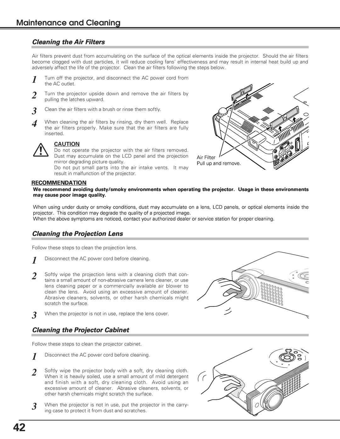Sanyo PLC-SL20 owner manual Maintenance and Cleaning, Cleaning the Air Filters, Cleaning the Projection Lens 