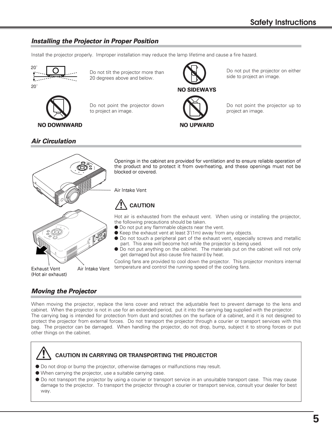 Sanyo PLC-SL20 Safety Instructions, Installing the Projector in Proper Position, Air Circulation, Moving the Projector 