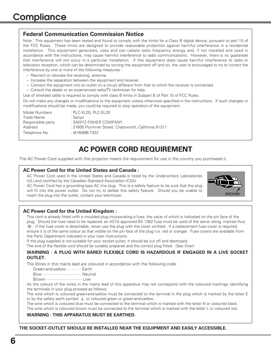 Sanyo PLC-SL20 owner manual Compliance, Ac Power Cord Requirement, Federal Communication Commission Notice 