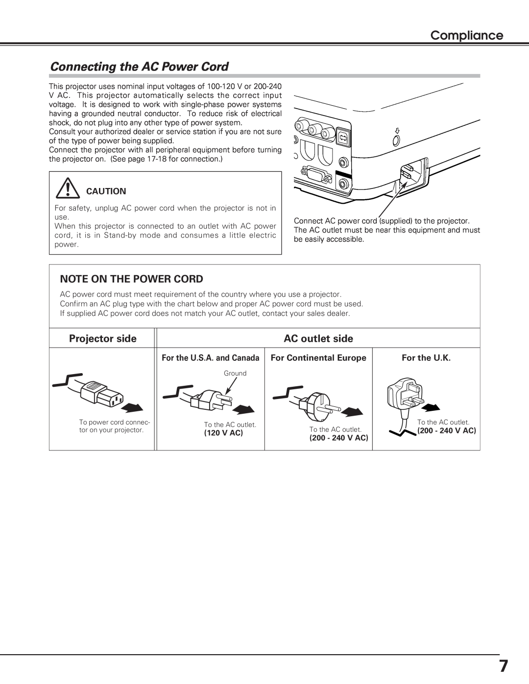 Sanyo PLC-SL20 owner manual Compliance, Connecting the AC Power Cord, For the U.S.A. and Canada, V Ac, 200 - 240 V AC 