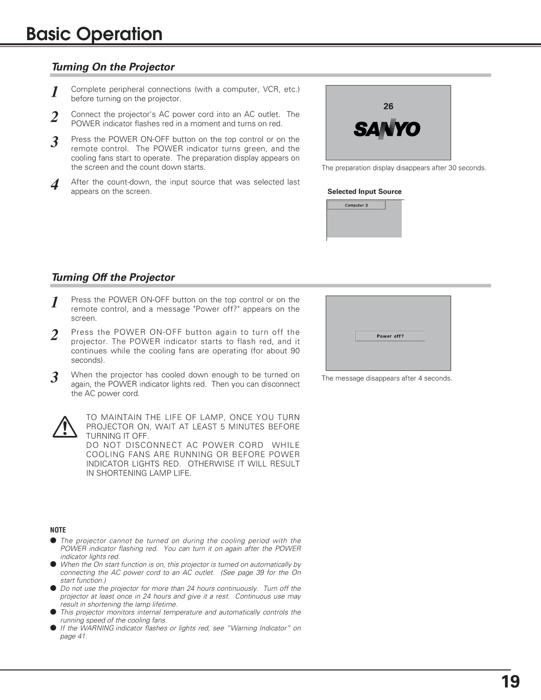 Sanyo PLC-SL20 owner manual Basic Operation, Turning On the Projector, Turning Off the Projector 