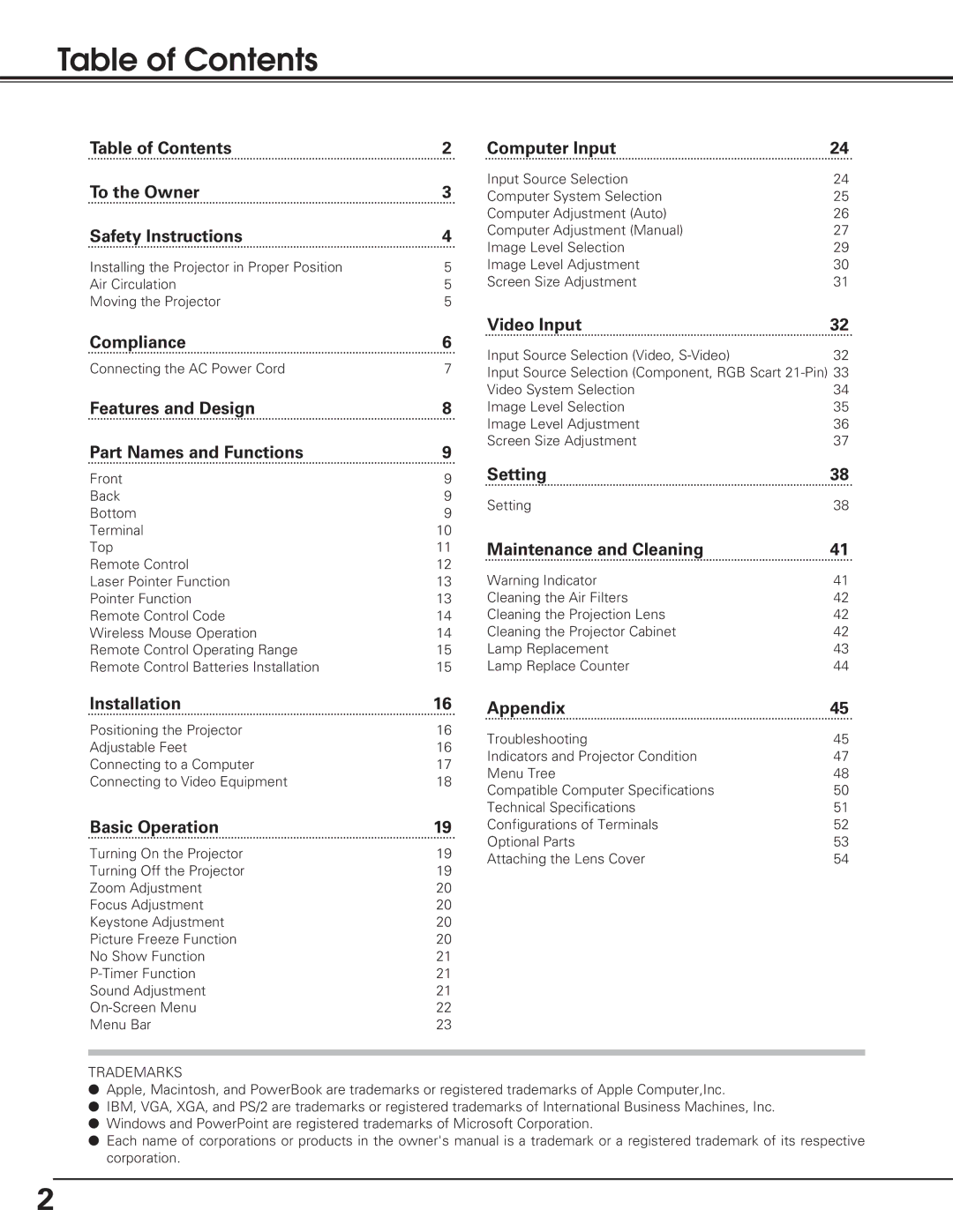 Sanyo PLC-SL20 owner manual Table of Contents 