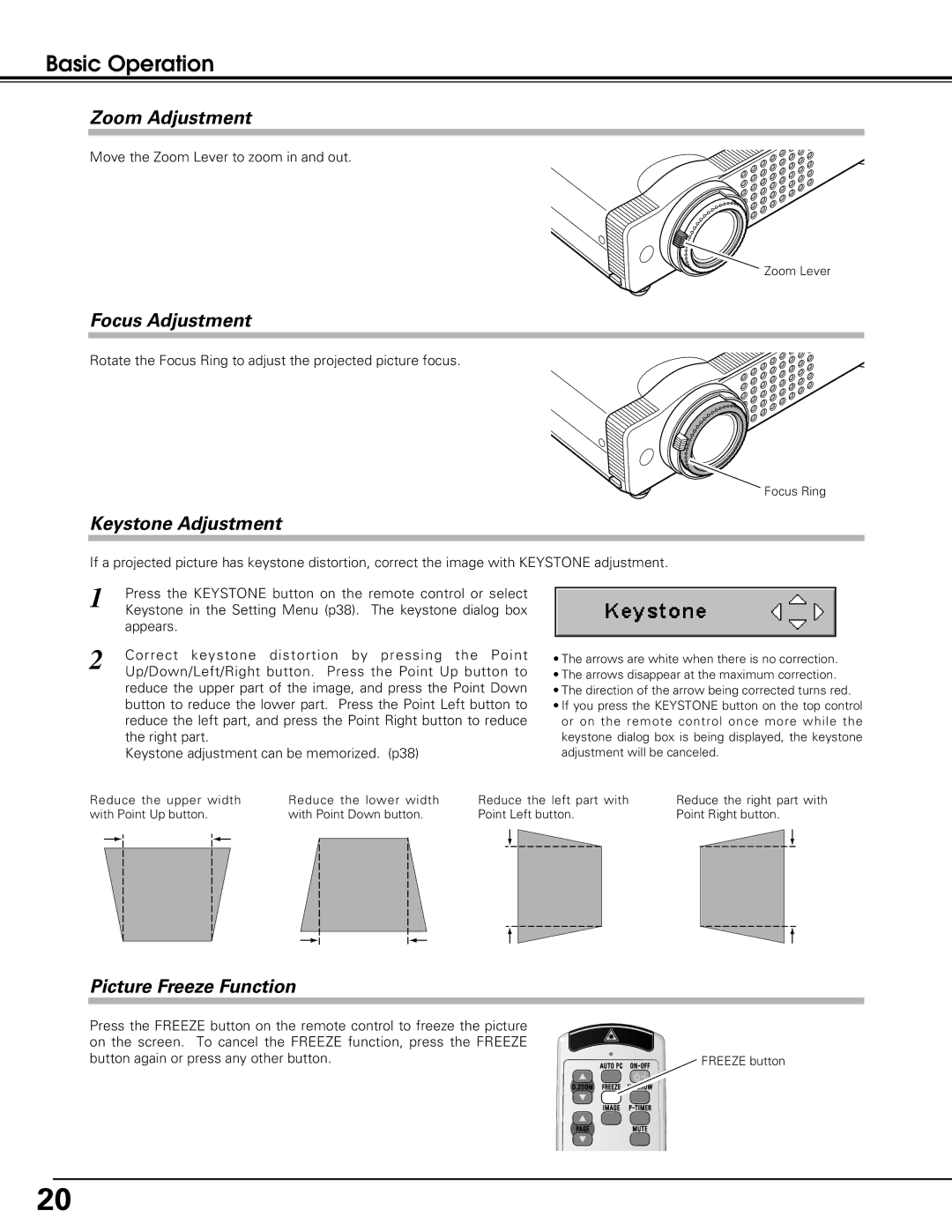 Sanyo PLC-SL20 Basic Operation, Zoom Adjustment, Focus Adjustment, Keystone Adjustment, Picture Freeze Function 