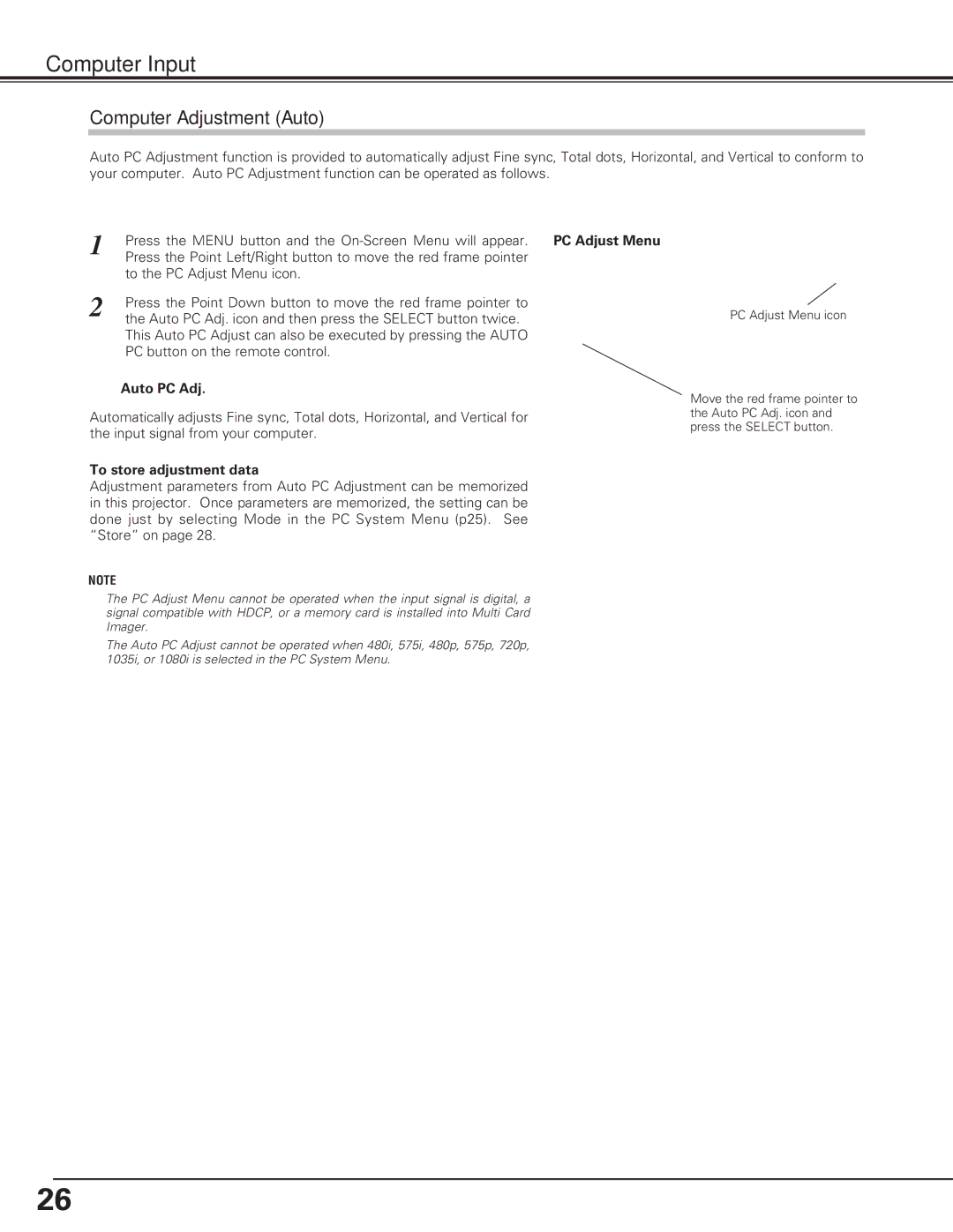 Sanyo PLC-SL20 owner manual Computer Adjustment Auto, Auto PC Adj, To store adjustment data 